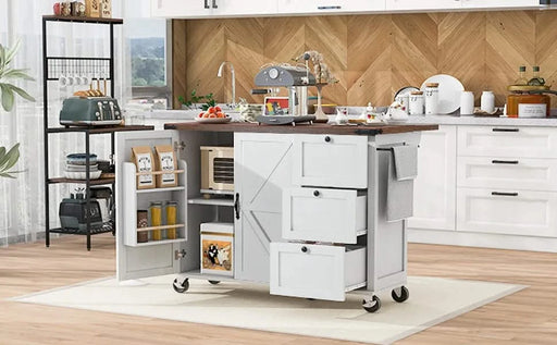 K&K 54.5' Farmhouse Kitchen Island with Power Outlet, Kitchen Storage Island with Internal Storage Rack, Drop Leaf, Spice Rack, Rolling Kitchen Cart on Wheels, for Home, Kitchen and Dining Room,White Default -DTYStore