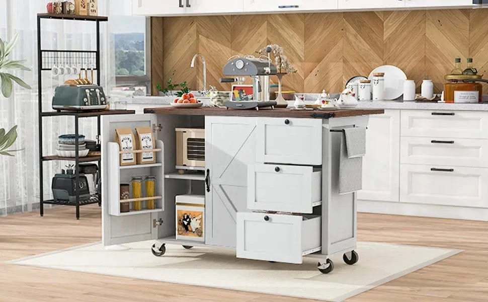K&K 54.5' Farmhouse Kitchen Island with Power Outlet, Kitchen Storage Island with Internal Storage Rack, Drop Leaf, Spice Rack, Rolling Kitchen Cart on Wheels, for Home, Kitchen and Dining Room,White Default -DTYStore