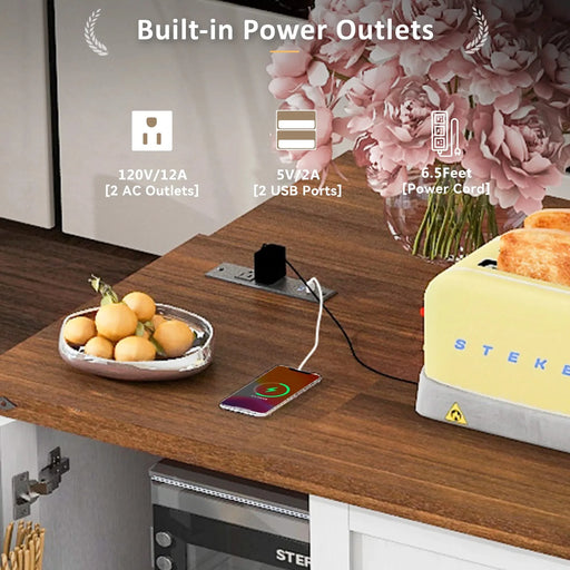 K&K 54.5' Farmhouse Kitchen Island with Power Outlet, Kitchen Storage Island with Internal Storage Rack, Drop Leaf, Spice Rack, Rolling Kitchen Cart on Wheels, for Home, Kitchen and Dining Room,White Default -DTYStore