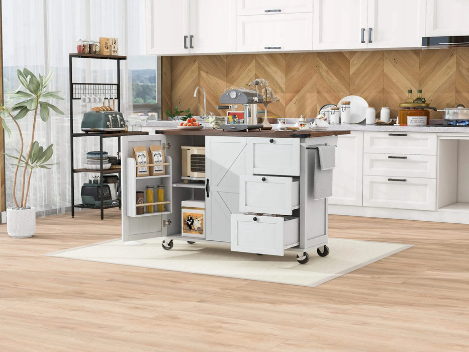 K&K 54.5' Farmhouse Kitchen Island with Power Outlet, Kitchen Storage Island with Internal Storage Rack, Drop Leaf, Spice Rack, Rolling Kitchen Cart on Wheels, for Home, Kitchen and Dining Room,White Default -DTYStore