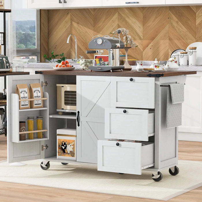 K&K 54.5' Farmhouse Kitchen Island with Power Outlet, Kitchen Storage Island with Internal Storage Rack, Drop Leaf, Spice Rack, Rolling Kitchen Cart on Wheels, for Home, Kitchen and Dining Room,White Default -DTYStore