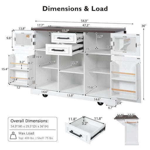 K&K 54.9' Kitchen Island with Drop Leaf, Power Outlet, Kitchen Storage Cart with 4 Door Shelves, Cross Barn Doors & Visual Glass Door, Rolling Kitchen Island on 4 Wheels for Kitchen, Dining Room,White Default -DTYStore