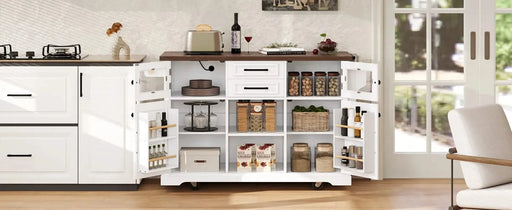 K&K 54.9' Kitchen Island with Drop Leaf, Power Outlet, Kitchen Storage Cart with 4 Door Shelves, Cross Barn Doors & Visual Glass Door, Rolling Kitchen Island on 4 Wheels for Kitchen, Dining Room,White Default -DTYStore