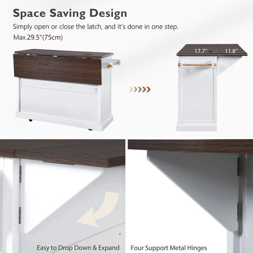 K&K 54.9' Kitchen Island with Drop Leaf, Power Outlet, Kitchen Storage Cart with 4 Door Shelves, Cross Barn Doors & Visual Glass Door, Rolling Kitchen Island on 4 Wheels for Kitchen, Dining Room,White Default -DTYStore