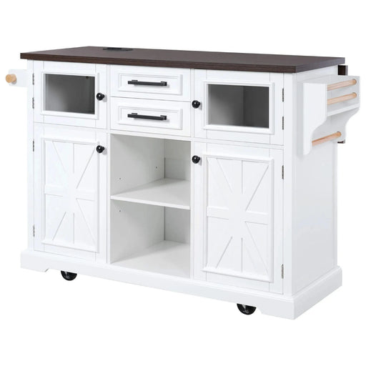 K&K 54.9' Kitchen Island with Drop Leaf, Power Outlet, Kitchen Storage Cart with 4 Door Shelves, Cross Barn Doors & Visual Glass Door, Rolling Kitchen Island on 4 Wheels for Kitchen, Dining Room,White Default -DTYStore