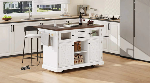 K&K 54.9' Kitchen Island with Drop Leaf, Power Outlet, Kitchen Storage Cart with 4 Door Shelves, Cross Barn Doors & Visual Glass Door, Rolling Kitchen Island on 4 Wheels for Kitchen, Dining Room,White Default -DTYStore