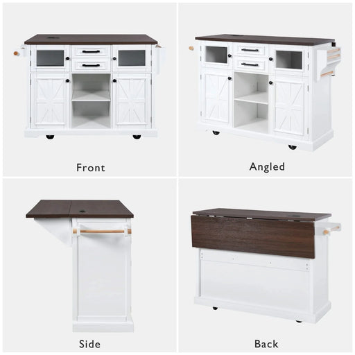 K&K 54.9' Kitchen Island with Drop Leaf, Power Outlet, Kitchen Storage Cart with 4 Door Shelves, Cross Barn Doors & Visual Glass Door, Rolling Kitchen Island on 4 Wheels for Kitchen, Dining Room,White Default -DTYStore