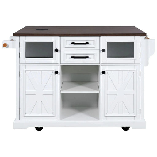 K&K 54.9' Kitchen Island with Drop Leaf, Power Outlet, Kitchen Storage Cart with 4 Door Shelves, Cross Barn Doors & Visual Glass Door, Rolling Kitchen Island on 4 Wheels for Kitchen, Dining Room,White Default -DTYStore