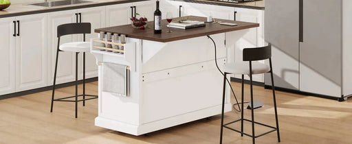K&K 54.9' Kitchen Island with Drop Leaf, Power Outlet, Kitchen Storage Cart with 4 Door Shelves, Cross Barn Doors & Visual Glass Door, Rolling Kitchen Island on 4 Wheels for Kitchen, Dining Room,White Default -DTYStore