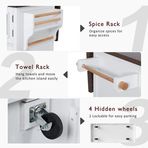 K&K 54.9' Kitchen Island with Drop Leaf, Power Outlet, Kitchen Storage Cart with 4 Door Shelves, Cross Barn Doors & Visual Glass Door, Rolling Kitchen Island on 4 Wheels for Kitchen, Dining Room,White Default -DTYStore