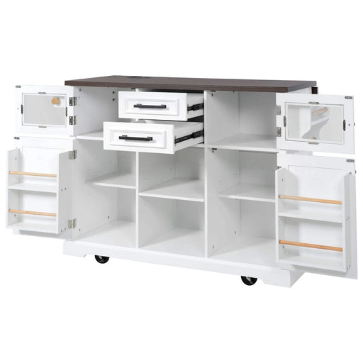 K&K 54.9' Kitchen Island with Drop Leaf, Power Outlet, Kitchen Storage Cart with 4 Door Shelves, Cross Barn Doors & Visual Glass Door, Rolling Kitchen Island on 4 Wheels for Kitchen, Dining Room,White Default -DTYStore