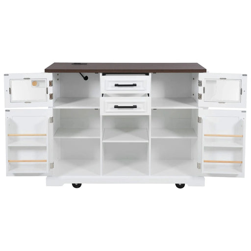 K&K 54.9' Kitchen Island with Drop Leaf, Power Outlet, Kitchen Storage Cart with 4 Door Shelves, Cross Barn Doors & Visual Glass Door, Rolling Kitchen Island on 4 Wheels for Kitchen, Dining Room,White Default -DTYStore