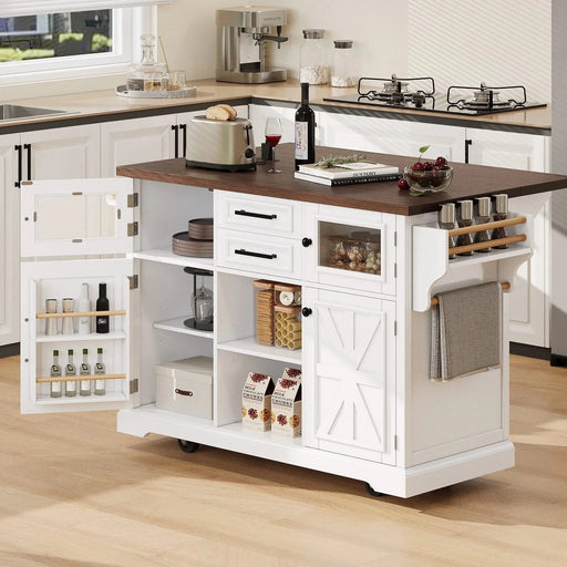 K&K 54.9' Kitchen Island with Drop Leaf, Power Outlet, Kitchen Storage Cart with 4 Door Shelves, Cross Barn Doors & Visual Glass Door, Rolling Kitchen Island on 4 Wheels for Kitchen, Dining Room,White Default -DTYStore