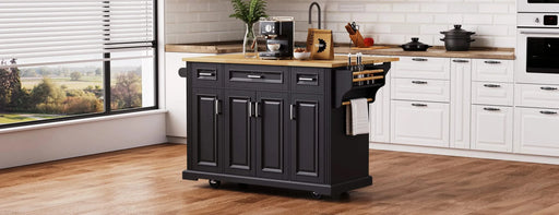 K&K 54inch Large Kitchen Island with Rubber Wood Drop Leaf, Embossed Texture Rolling Kitchen Cart on 4 Wheels with 4 Doors and 3 Drawers, Kitchen Island with Storage for Kitchen, Dining Room,Black Default -DTYStore