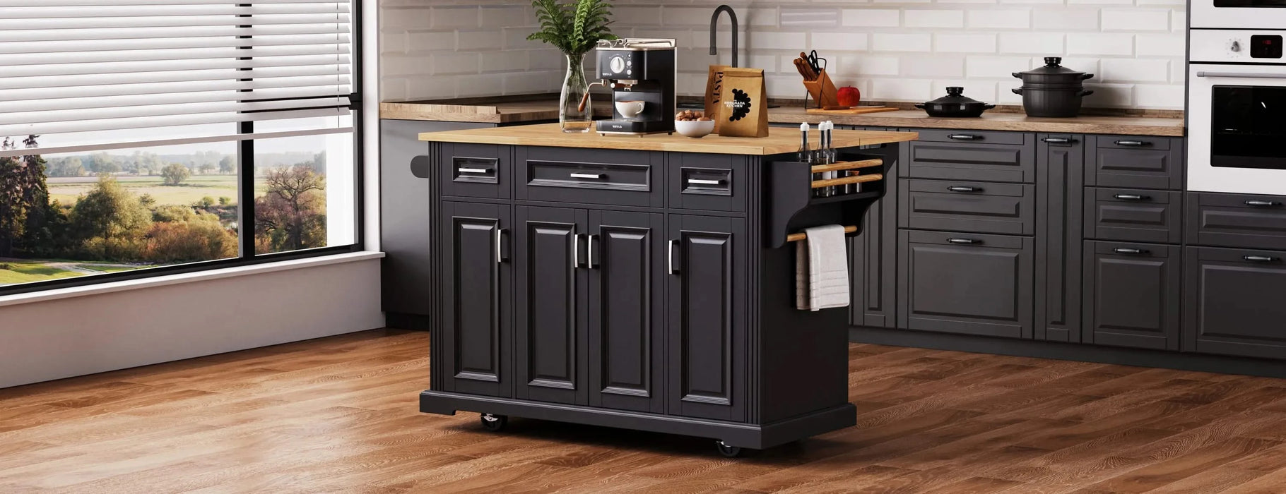 K&K 54inch Large Kitchen Island with Rubber Wood Drop Leaf, Embossed Texture Rolling Kitchen Cart on 4 Wheels with 4 Doors and 3 Drawers, Kitchen Island with Storage for Kitchen, Dining Room,Black Default -DTYStore