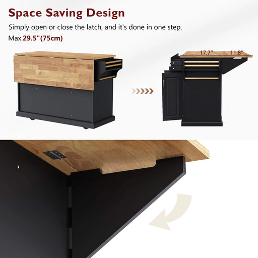 K&K 54inch Large Kitchen Island with Rubber Wood Drop Leaf, Embossed Texture Rolling Kitchen Cart on 4 Wheels with 4 Doors and 3 Drawers, Kitchen Island with Storage for Kitchen, Dining Room,Black Default -DTYStore