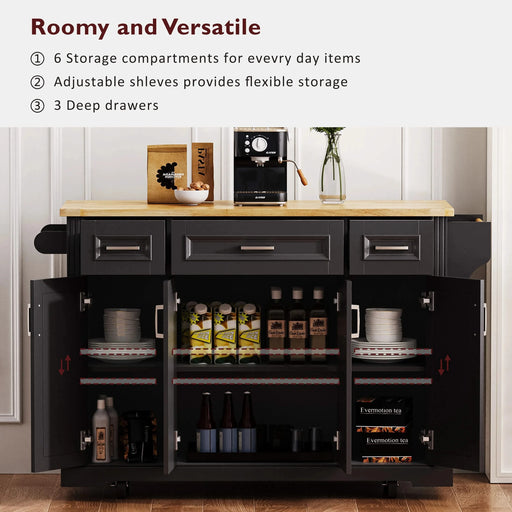 K&K 54inch Large Kitchen Island with Rubber Wood Drop Leaf, Embossed Texture Rolling Kitchen Cart on 4 Wheels with 4 Doors and 3 Drawers, Kitchen Island with Storage for Kitchen, Dining Room,Black Default -DTYStore