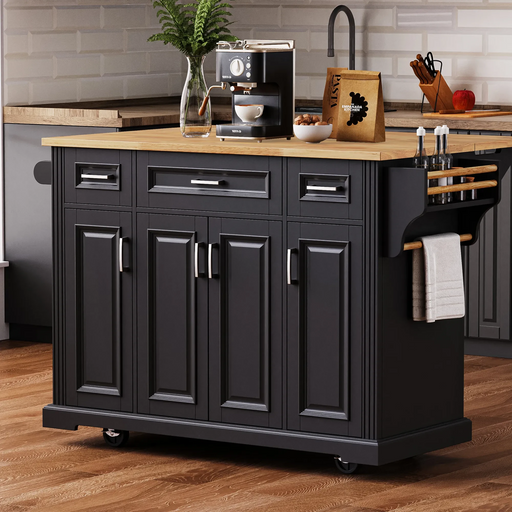 K&K 54inch Large Kitchen Island with Rubber Wood Drop Leaf, Embossed Texture Rolling Kitchen Cart on 4 Wheels with 4 Doors and 3 Drawers, Kitchen Island with Storage for Kitchen, Dining Room,Black Default -DTYStore