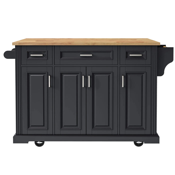 K&K 54inch Large Kitchen Island with Rubber Wood Drop Leaf, Embossed Texture Rolling Kitchen Cart on 4 Wheels with 4 Doors and 3 Drawers, Kitchen Island with Storage for Kitchen, Dining Room,Black Default -DTYStore