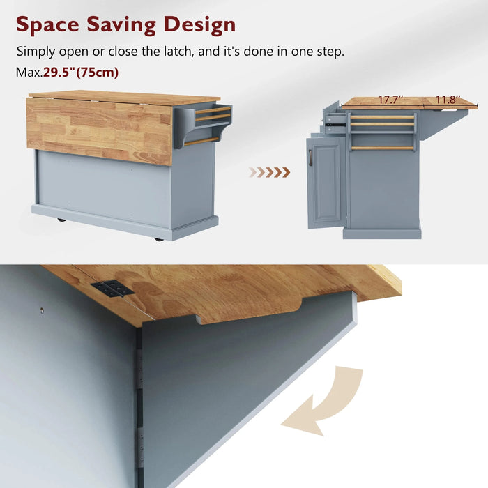 K&K 54inch Large Kitchen Island with Rubber Wood Drop Leaf, Embossed Texture Rolling Kitchen Cart on 4 Wheels with 4 Doors and 3 Drawers, Kitchen Island with Storage for Kitchen, Dining Room,Grey Blue Default -DTYStore