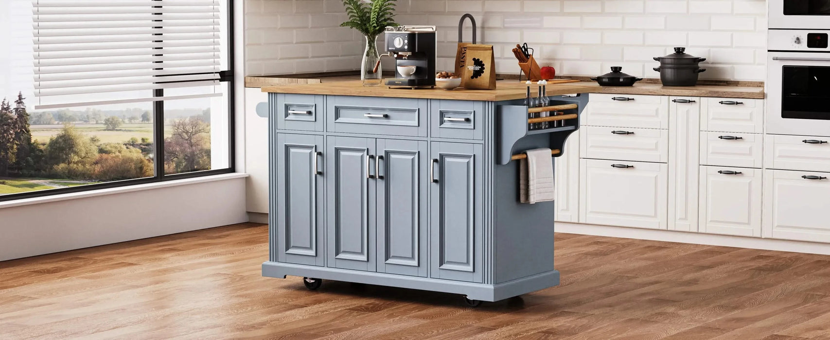 K&K 54inch Large Kitchen Island with Rubber Wood Drop Leaf, Embossed Texture Rolling Kitchen Cart on 4 Wheels with 4 Doors and 3 Drawers, Kitchen Island with Storage for Kitchen, Dining Room,Grey Blue Default -DTYStore