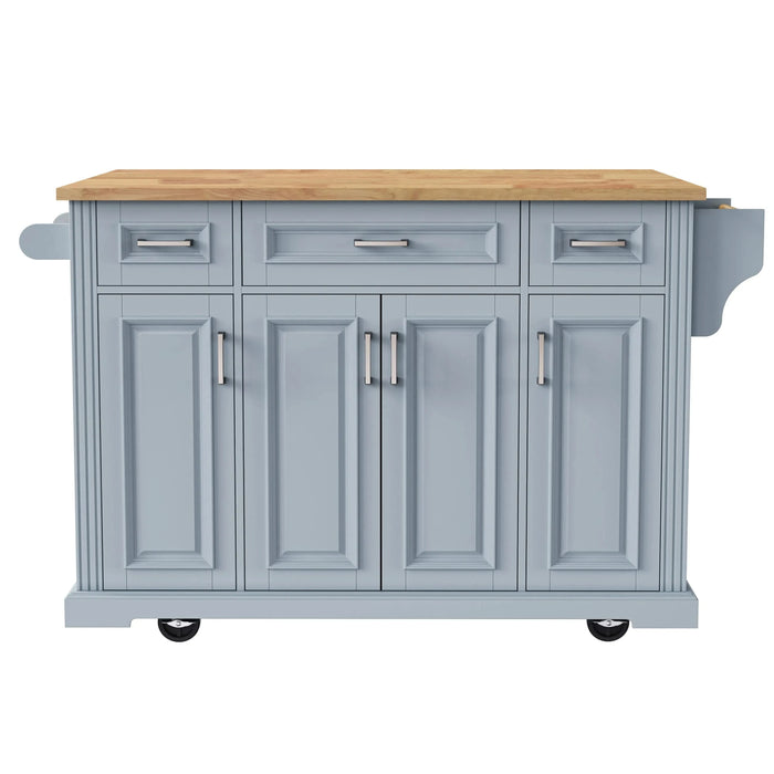 K&K 54inch Large Kitchen Island with Rubber Wood Drop Leaf, Embossed Texture Rolling Kitchen Cart on 4 Wheels with 4 Doors and 3 Drawers, Kitchen Island with Storage for Kitchen, Dining Room,Grey Blue Default -DTYStore