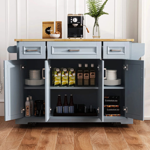 K&K 54inch Large Kitchen Island with Rubber Wood Drop Leaf, Embossed Texture Rolling Kitchen Cart on 4 Wheels with 4 Doors and 3 Drawers, Kitchen Island with Storage for Kitchen, Dining Room,Grey Blue Default -DTYStore