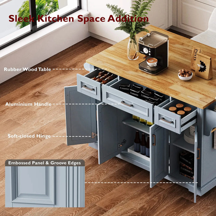K&K 54inch Large Kitchen Island with Rubber Wood Drop Leaf, Embossed Texture Rolling Kitchen Cart on 4 Wheels with 4 Doors and 3 Drawers, Kitchen Island with Storage for Kitchen, Dining Room,Grey Blue Default -DTYStore