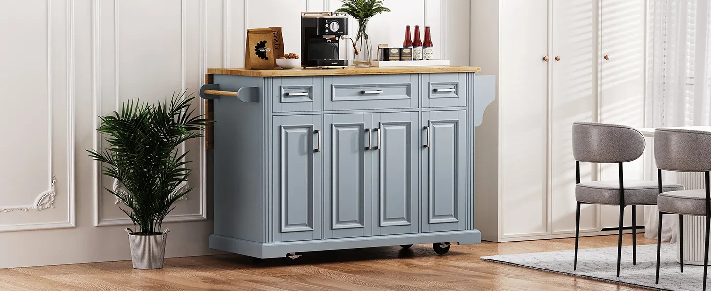 K&K 54inch Large Kitchen Island with Rubber Wood Drop Leaf, Embossed Texture Rolling Kitchen Cart on 4 Wheels with 4 Doors and 3 Drawers, Kitchen Island with Storage for Kitchen, Dining Room,Grey Blue Default -DTYStore
