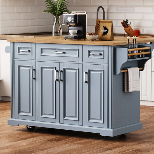 K&K 54inch Large Kitchen Island with Rubber Wood Drop Leaf, Embossed Texture Rolling Kitchen Cart on 4 Wheels with 4 Doors and 3 Drawers, Kitchen Island with Storage for Kitchen, Dining Room,Grey Blue Default -DTYStore
