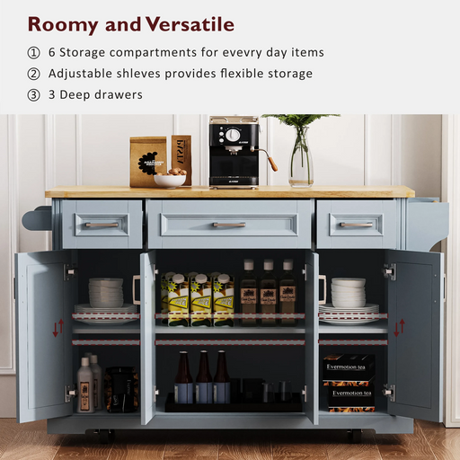 K&K 54inch Large Kitchen Island with Rubber Wood Drop Leaf, Embossed Texture Rolling Kitchen Cart on 4 Wheels with 4 Doors and 3 Drawers, Kitchen Island with Storage for Kitchen, Dining Room,Grey Blue Default -DTYStore