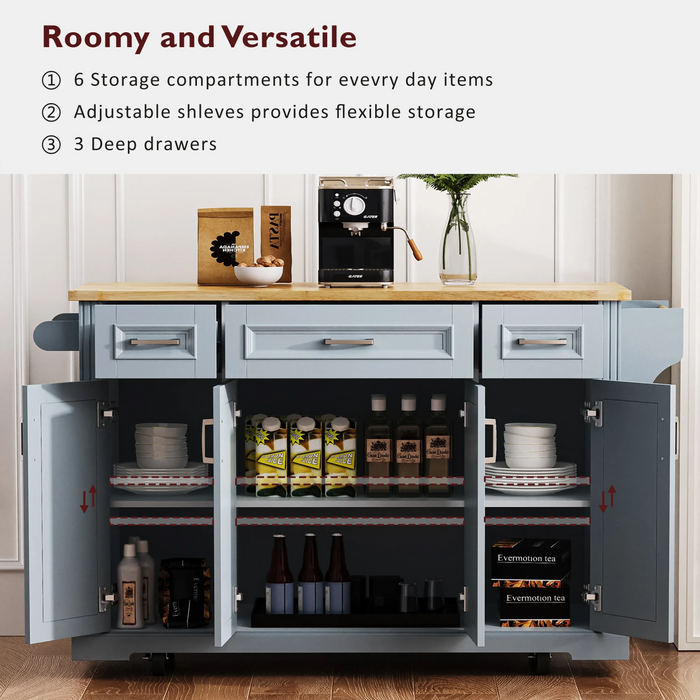 K&K 54inch Large Kitchen Island with Rubber Wood Drop Leaf, Embossed Texture Rolling Kitchen Cart on 4 Wheels with 4 Doors and 3 Drawers, Kitchen Island with Storage for Kitchen, Dining Room,Grey Blue Default -DTYStore