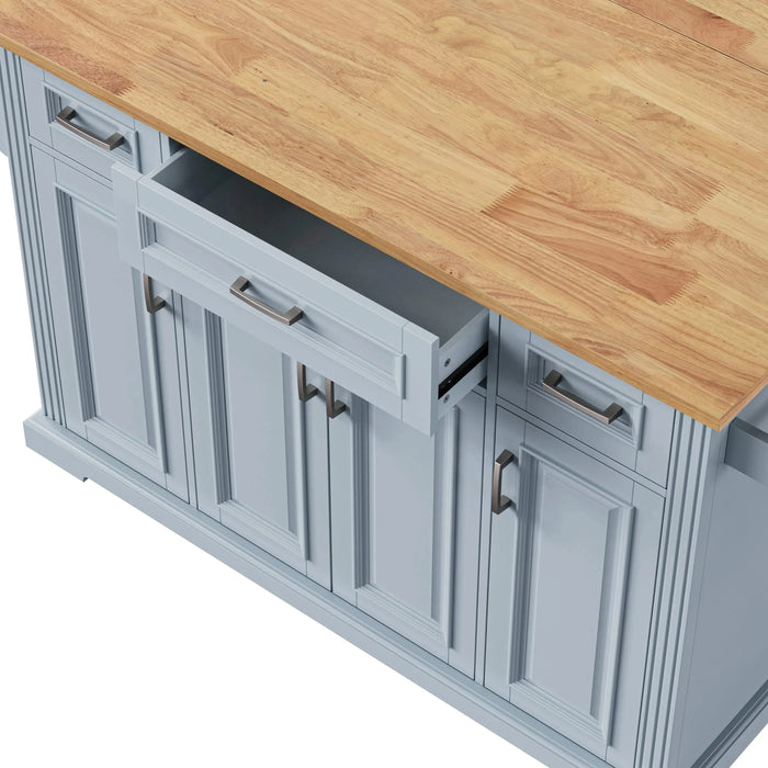 K&K 54inch Large Kitchen Island with Rubber Wood Drop Leaf, Embossed Texture Rolling Kitchen Cart on 4 Wheels with 4 Doors and 3 Drawers, Kitchen Island with Storage for Kitchen, Dining Room,Grey Blue Default -DTYStore