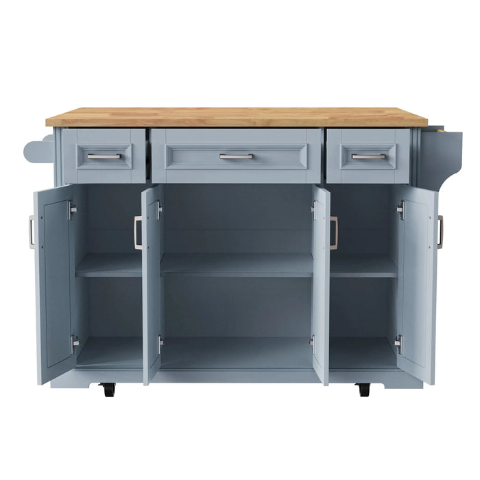 K&K 54inch Large Kitchen Island with Rubber Wood Drop Leaf, Embossed Texture Rolling Kitchen Cart on 4 Wheels with 4 Doors and 3 Drawers, Kitchen Island with Storage for Kitchen, Dining Room,Grey Blue Default -DTYStore