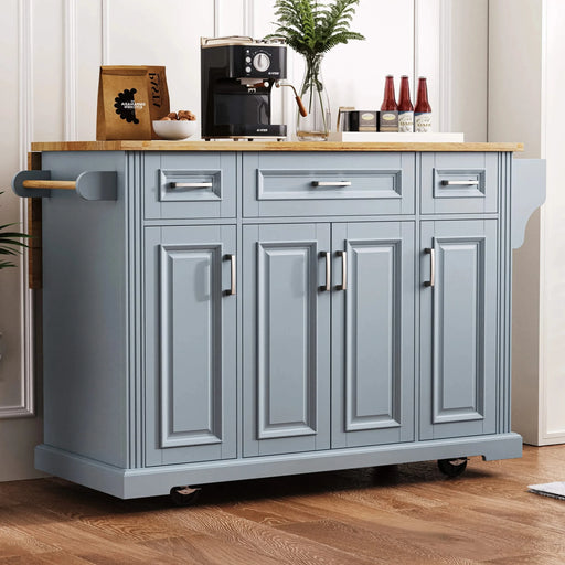 K&K 54inch Large Kitchen Island with Rubber Wood Drop Leaf, Embossed Texture Rolling Kitchen Cart on 4 Wheels with 4 Doors and 3 Drawers, Kitchen Island with Storage for Kitchen, Dining Room,Grey Blue Default -DTYStore