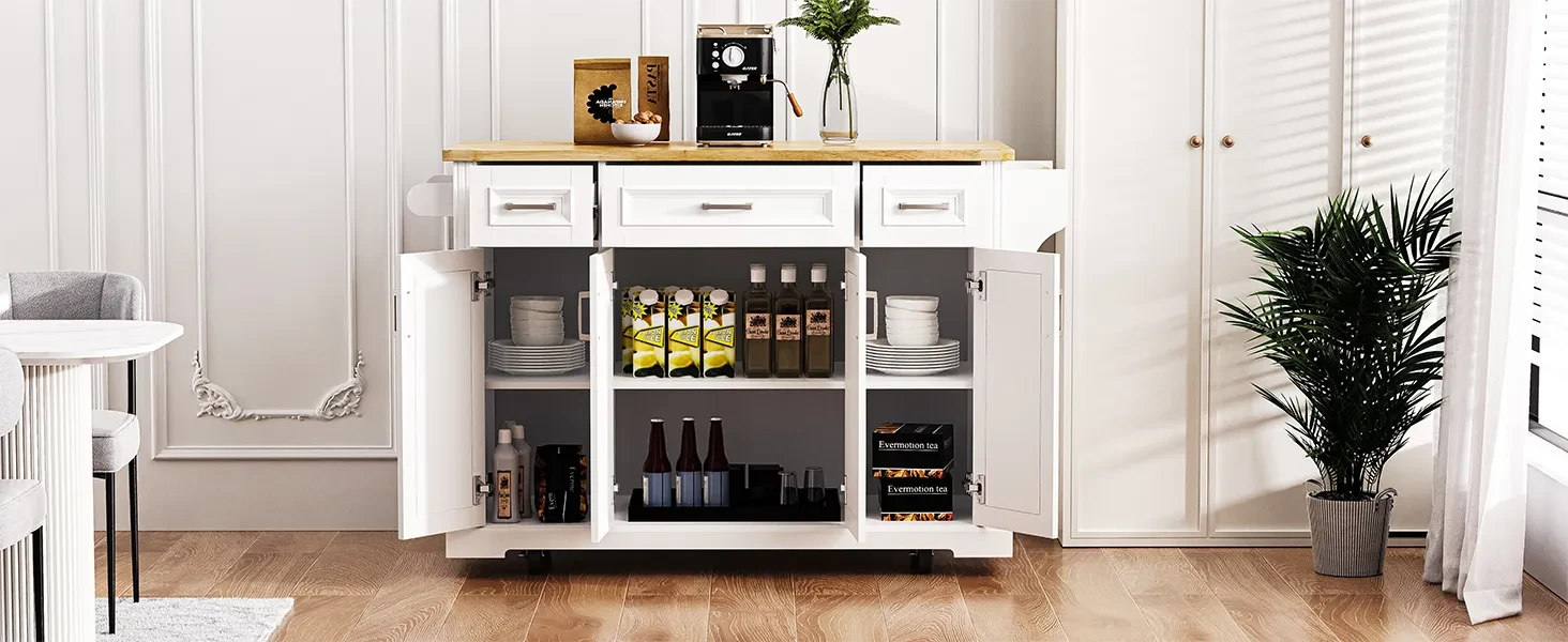K&K 54inch Large Kitchen Island with Rubber Wood Drop Leaf, Embossed Texture Rolling Kitchen Cart on 4 Wheels with 4 Doors and 3 Drawers, Kitchen Island with Storage for Kitchen, Dining Room,White Default -DTYStore