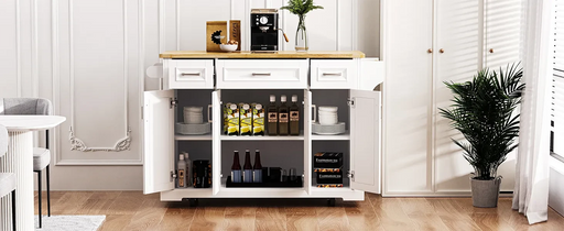 K&K 54inch Large Kitchen Island with Rubber Wood Drop Leaf, Embossed Texture Rolling Kitchen Cart on 4 Wheels with 4 Doors and 3 Drawers, Kitchen Island with Storage for Kitchen, Dining Room,White Default -DTYStore