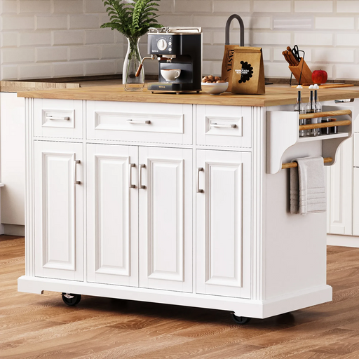K&K 54inch Large Kitchen Island with Rubber Wood Drop Leaf, Embossed Texture Rolling Kitchen Cart on 4 Wheels with 4 Doors and 3 Drawers, Kitchen Island with Storage for Kitchen, Dining Room,White Default -DTYStore