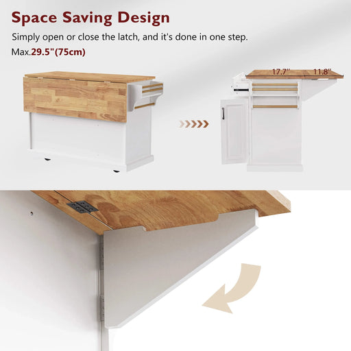 K&K 54inch Large Kitchen Island with Rubber Wood Drop Leaf, Embossed Texture Rolling Kitchen Cart on 4 Wheels with 4 Doors and 3 Drawers, Kitchen Island with Storage for Kitchen, Dining Room,White Default -DTYStore