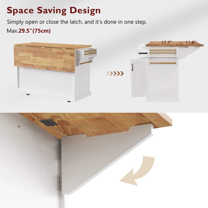K&K 54inch Large Kitchen Island with Rubber Wood Drop Leaf, Embossed Texture Rolling Kitchen Cart on 4 Wheels with 4 Doors and 3 Drawers, Kitchen Island with Storage for Kitchen, Dining Room,White Default -DTYStore