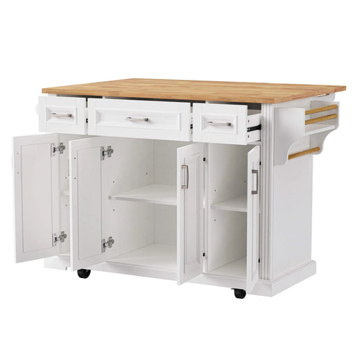 K&K 54inch Large Kitchen Island with Rubber Wood Drop Leaf, Embossed Texture Rolling Kitchen Cart on 4 Wheels with 4 Doors and 3 Drawers, Kitchen Island with Storage for Kitchen, Dining Room,White Default -DTYStore