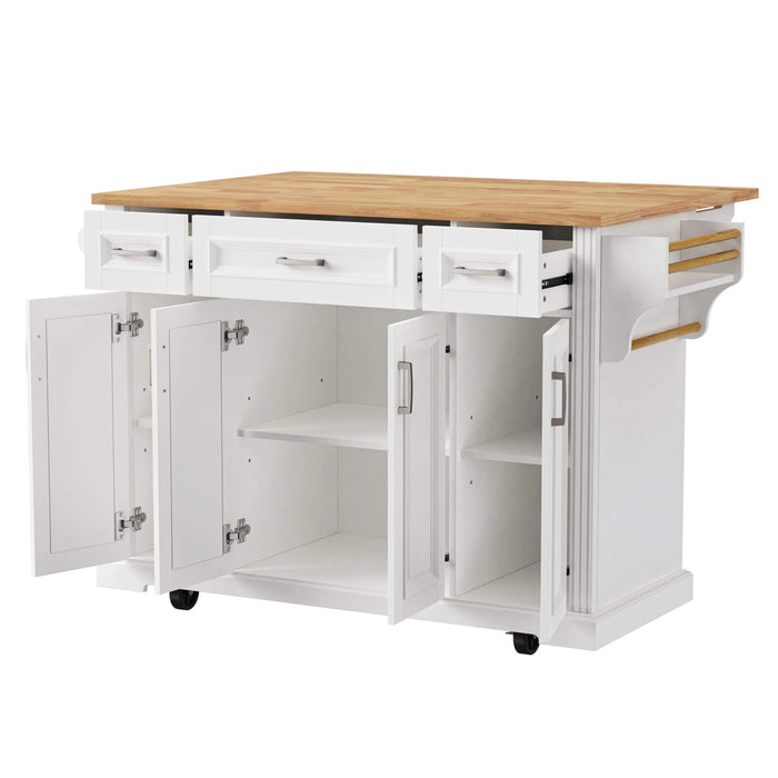 K&K 54inch Large Kitchen Island with Rubber Wood Drop Leaf, Embossed Texture Rolling Kitchen Cart on 4 Wheels with 4 Doors and 3 Drawers, Kitchen Island with Storage for Kitchen, Dining Room,White Default -DTYStore