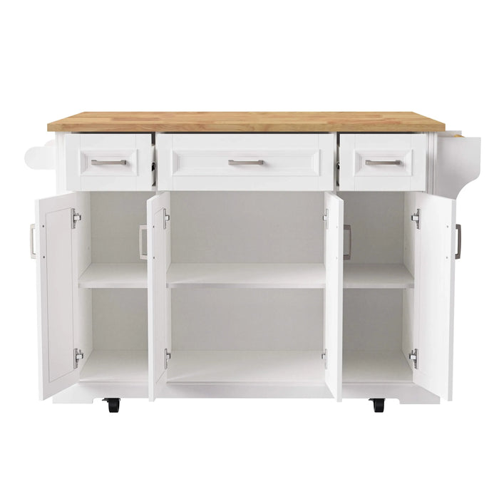 K&K 54inch Large Kitchen Island with Rubber Wood Drop Leaf, Embossed Texture Rolling Kitchen Cart on 4 Wheels with 4 Doors and 3 Drawers, Kitchen Island with Storage for Kitchen, Dining Room,White Default -DTYStore