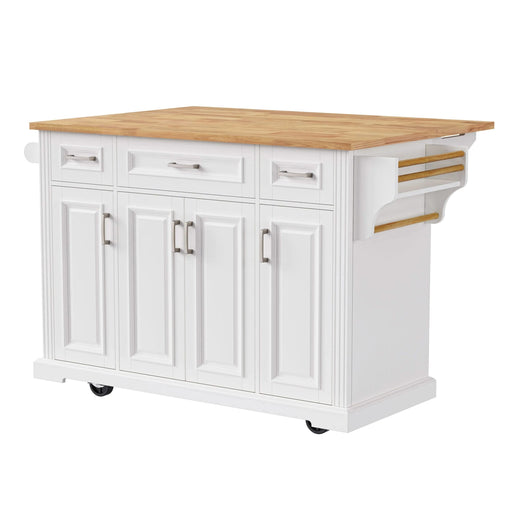 K&K 54inch Large Kitchen Island with Rubber Wood Drop Leaf, Embossed Texture Rolling Kitchen Cart on 4 Wheels with 4 Doors and 3 Drawers, Kitchen Island with Storage for Kitchen, Dining Room,White Default -DTYStore