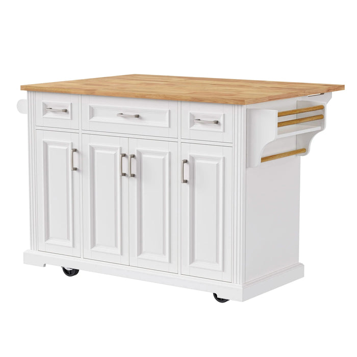 K&K 54inch Large Kitchen Island with Rubber Wood Drop Leaf, Embossed Texture Rolling Kitchen Cart on 4 Wheels with 4 Doors and 3 Drawers, Kitchen Island with Storage for Kitchen, Dining Room,White Default -DTYStore