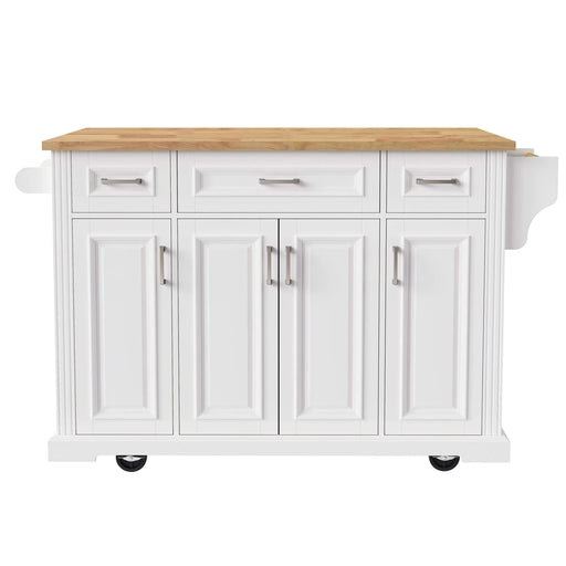 K&K 54inch Large Kitchen Island with Rubber Wood Drop Leaf, Embossed Texture Rolling Kitchen Cart on 4 Wheels with 4 Doors and 3 Drawers, Kitchen Island with Storage for Kitchen, Dining Room,White Default -DTYStore