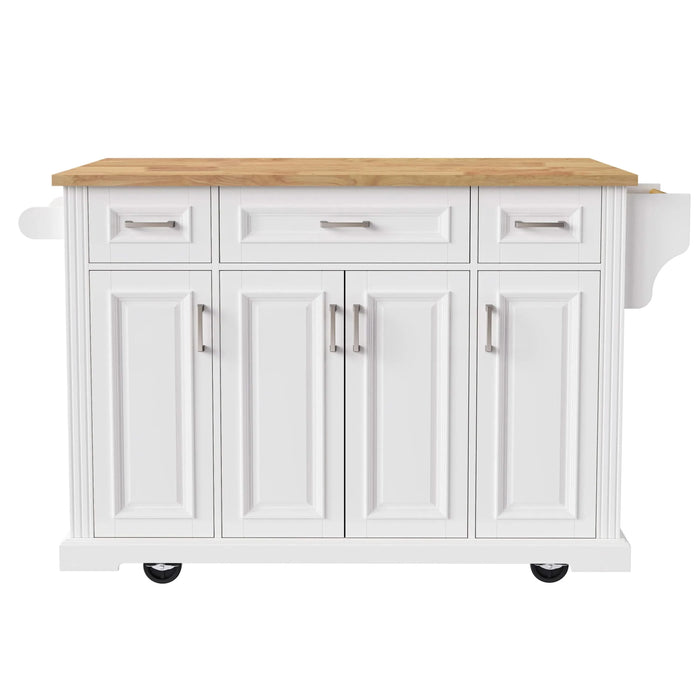 K&K 54inch Large Kitchen Island with Rubber Wood Drop Leaf, Embossed Texture Rolling Kitchen Cart on 4 Wheels with 4 Doors and 3 Drawers, Kitchen Island with Storage for Kitchen, Dining Room,White Default -DTYStore