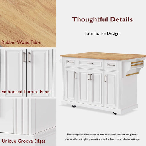 K&K 54inch Large Kitchen Island with Rubber Wood Drop Leaf, Embossed Texture Rolling Kitchen Cart on 4 Wheels with 4 Doors and 3 Drawers, Kitchen Island with Storage for Kitchen, Dining Room,White Default -DTYStore