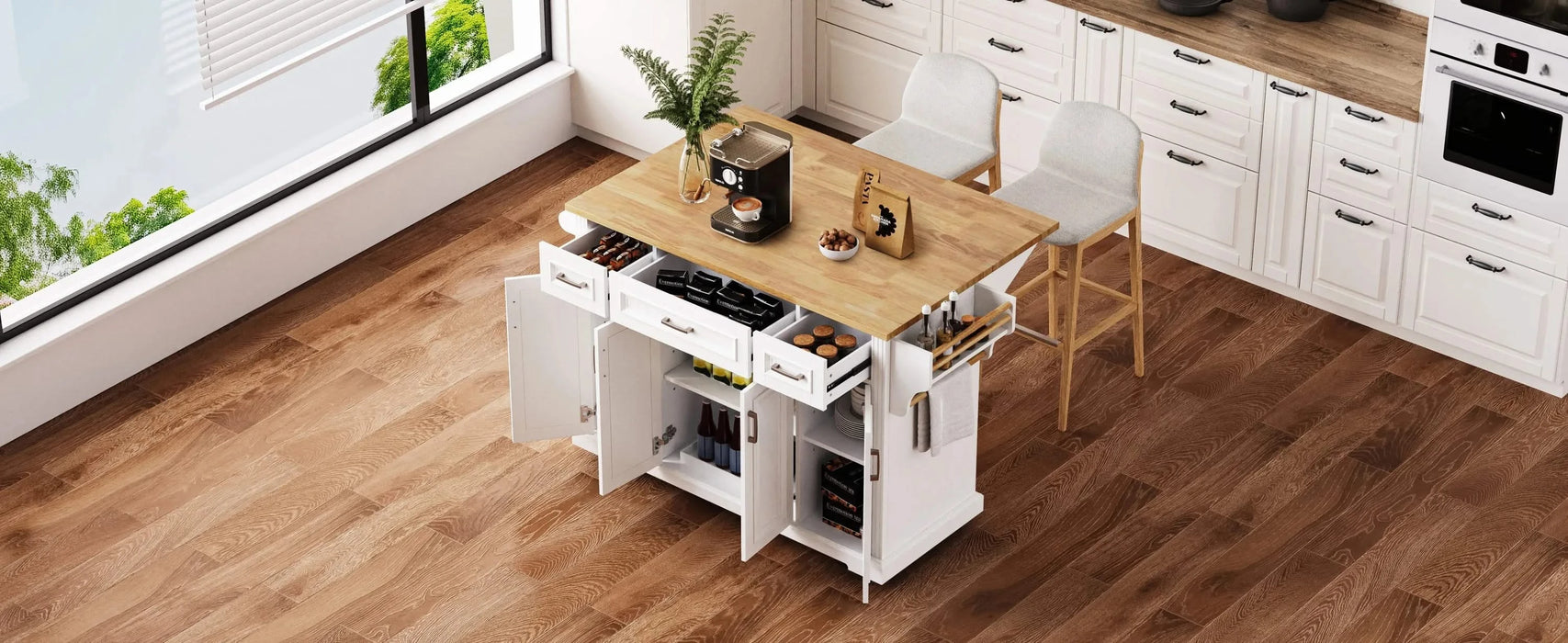 K&K 54inch Large Kitchen Island with Rubber Wood Drop Leaf, Embossed Texture Rolling Kitchen Cart on 4 Wheels with 4 Doors and 3 Drawers, Kitchen Island with Storage for Kitchen, Dining Room,White Default -DTYStore