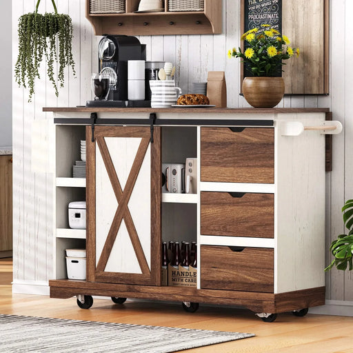 K&K 55.5' Farmhouse Kitchen Island with Drop Leaf, Kitchen Storage Island with Barn Door, Power Outlet, Rolling Kitchen Cart on Wheels with Spice Rack, for Home, Kitchen, Dining Room, White Default -DTYStore